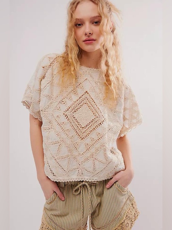 Free People Tops - FREE PEOPLE Ready For It Crochet Lace Boxy Short Sleeve Top Size Small